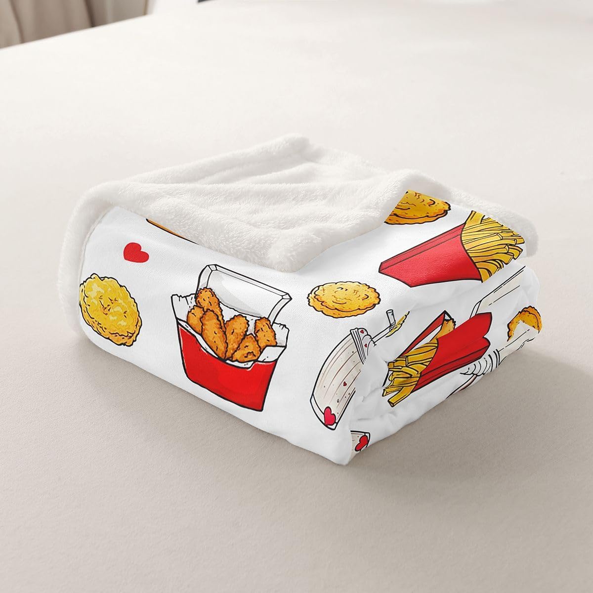 Feelyou Cute Pizza Sherpa Throw Blanket for Couch Chips Hamburger Super Soft Cozy Fleece Chicken Nugget Blanket for Winter, Plush Throw Food Theme Queen 90"x90" All Season