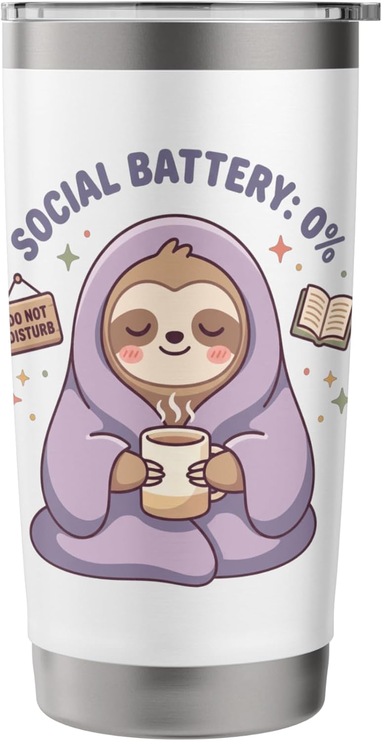 Social Battery 0 Percent Sloth Retro Kawaii Introvert Cozy Stainless Steel Insulated Tumbler