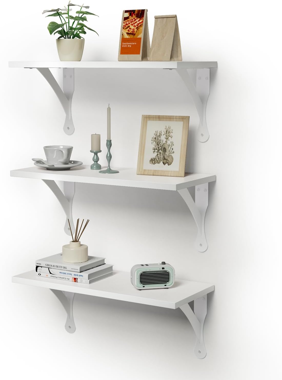 Leadpro Wood Floating Shelves Set of 3, Wide Display Shelf Wall Mounted with Brackets, Easy Hanging Floating Shelves for Bedroom, Kitchen, Living Room, Bathroom (White)
