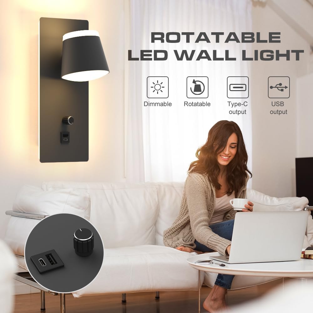 Sytmhoe LED Wall Sconce with Dimmer Switch,Modern Dimmable Bedside Wall Light with USB+Type C Port,3000K Up & Down Wall Mounted Lighting for Bedroom,Hallway,Stairway,Basement,Cafe,Home Decor(1 Pack)