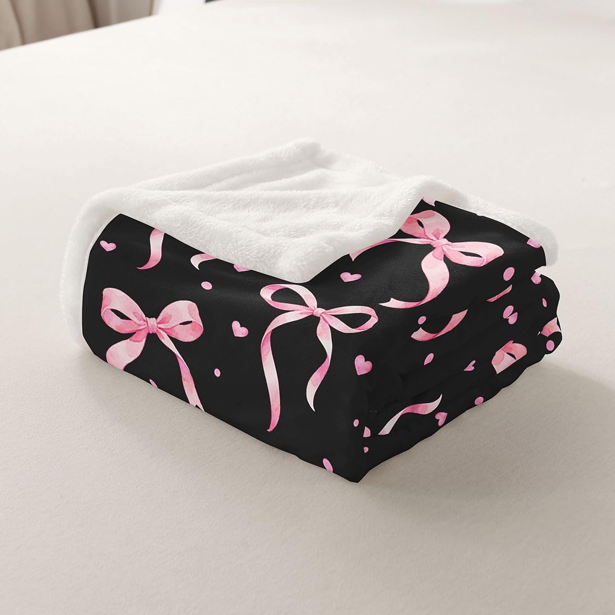 Feelyou Black Pink Bow Sherpa Throw Blanket for Couch Cute Bowknot Super Soft Cozy Fleece Kawaii Blanket for Winter, Plush Throw Heart Pattern Baby 30"x40" All Season