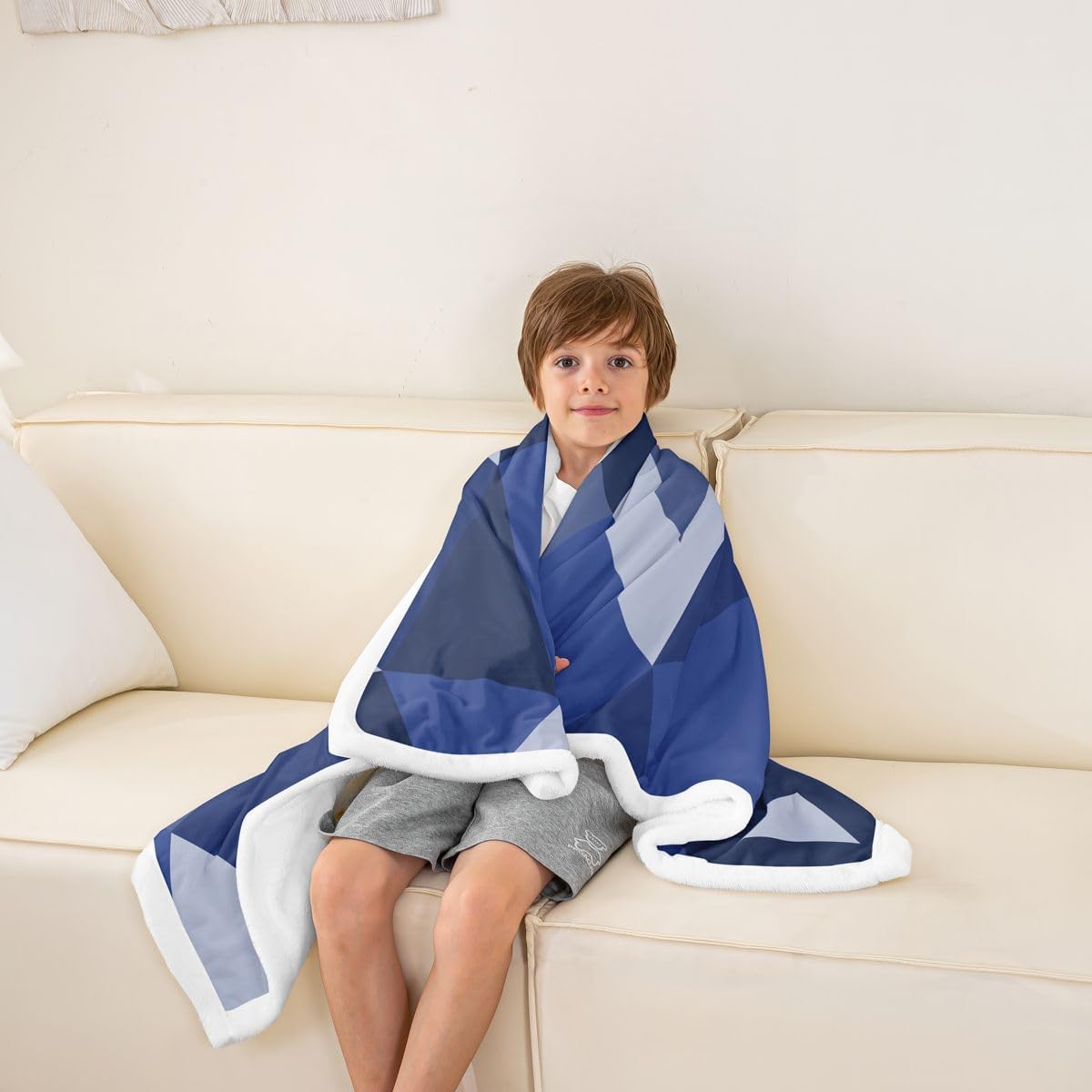Feelyou Geometric Sherpa Throw Blanket for Couch Blue Black Super Soft Cozy Fleece Abstract Blanket for Winter, Plush Throw Modern Art Baby 30"x40" Luxury All Season