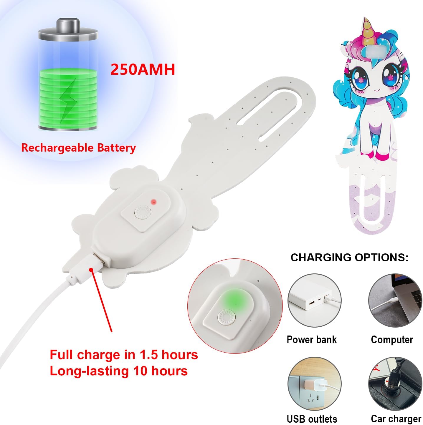 Rechargeable Book Light, Lightweight Reading Light, Eye-Caring LED Bookmark Light with 3 Adjustable Modes, Portable Clip-On for Kids Bedtime Stories-1Pack