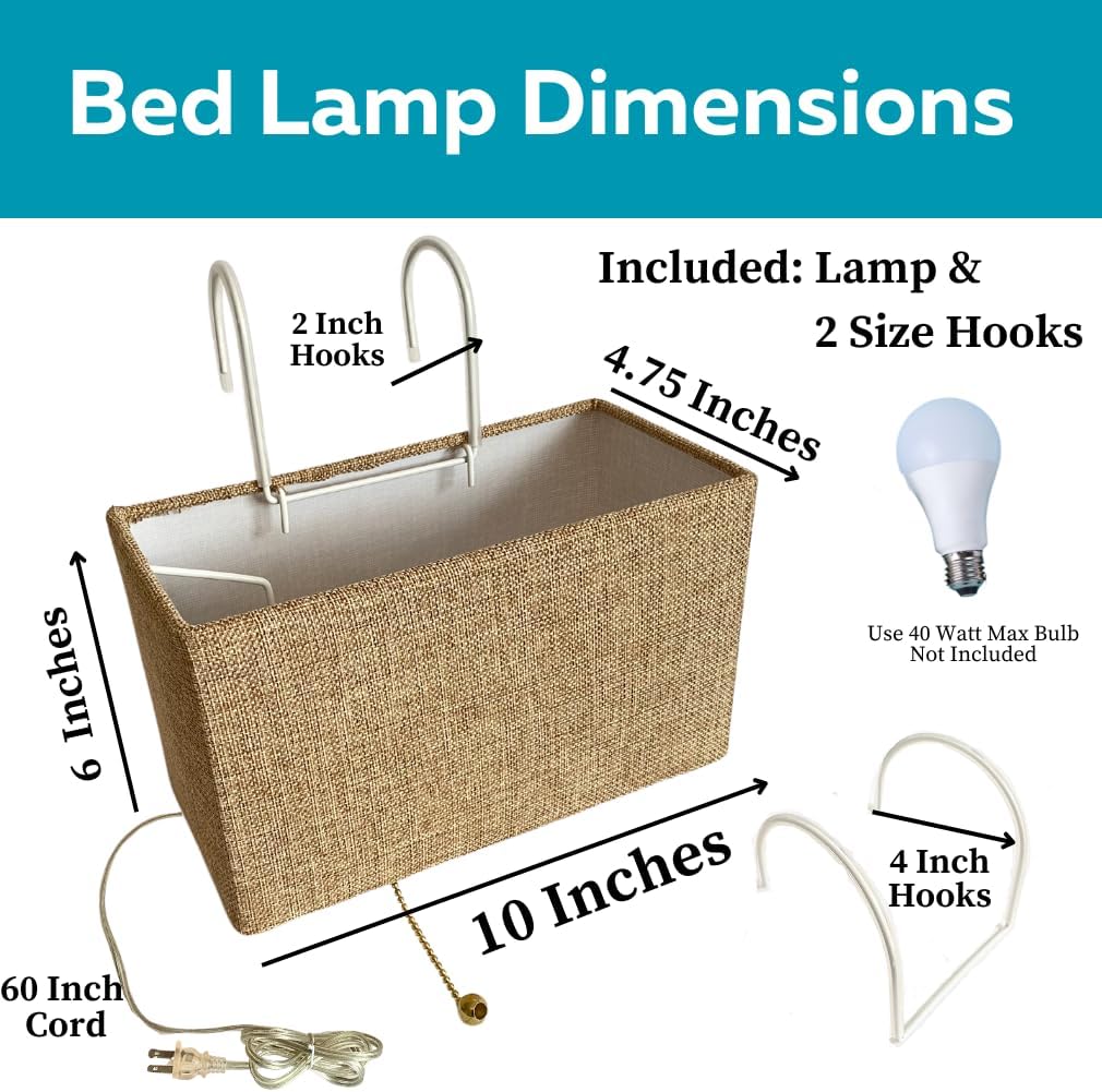 Evelots Bed Headboard Reading Lamp Book Light -Soft Reading Light Lamp for Bedroom with Tan Rectangle Shade - 2 Size Hooks to Fit Most Beds