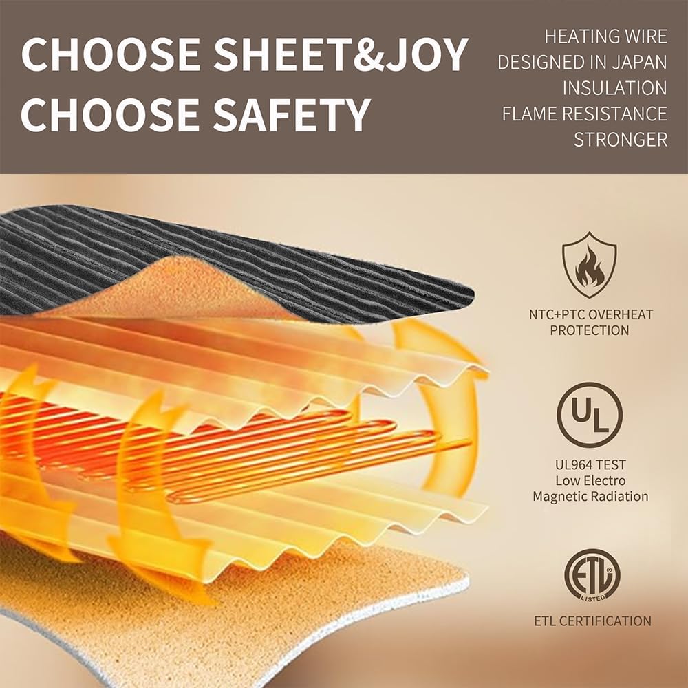 Sheet&Joy Heated Blanket Electric Grey Throw - 50"x60" Heating Blanket Throw 1/2/4/6/8 Hours Auto-Off 8 Heat Level Over-Heat Protection Ribbed Flannel Sherpa Electric ETL Certification