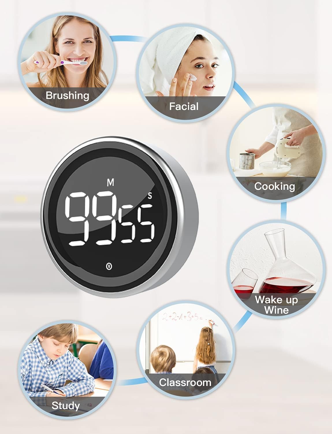 LIORQUE Digital Kitchen Timer, Magnetic Countdown Countup Timer with Large LED Display, 2 Brightness Levels, 3 Volume Levels, Productivity Timers for Classroom Cooking Fitness