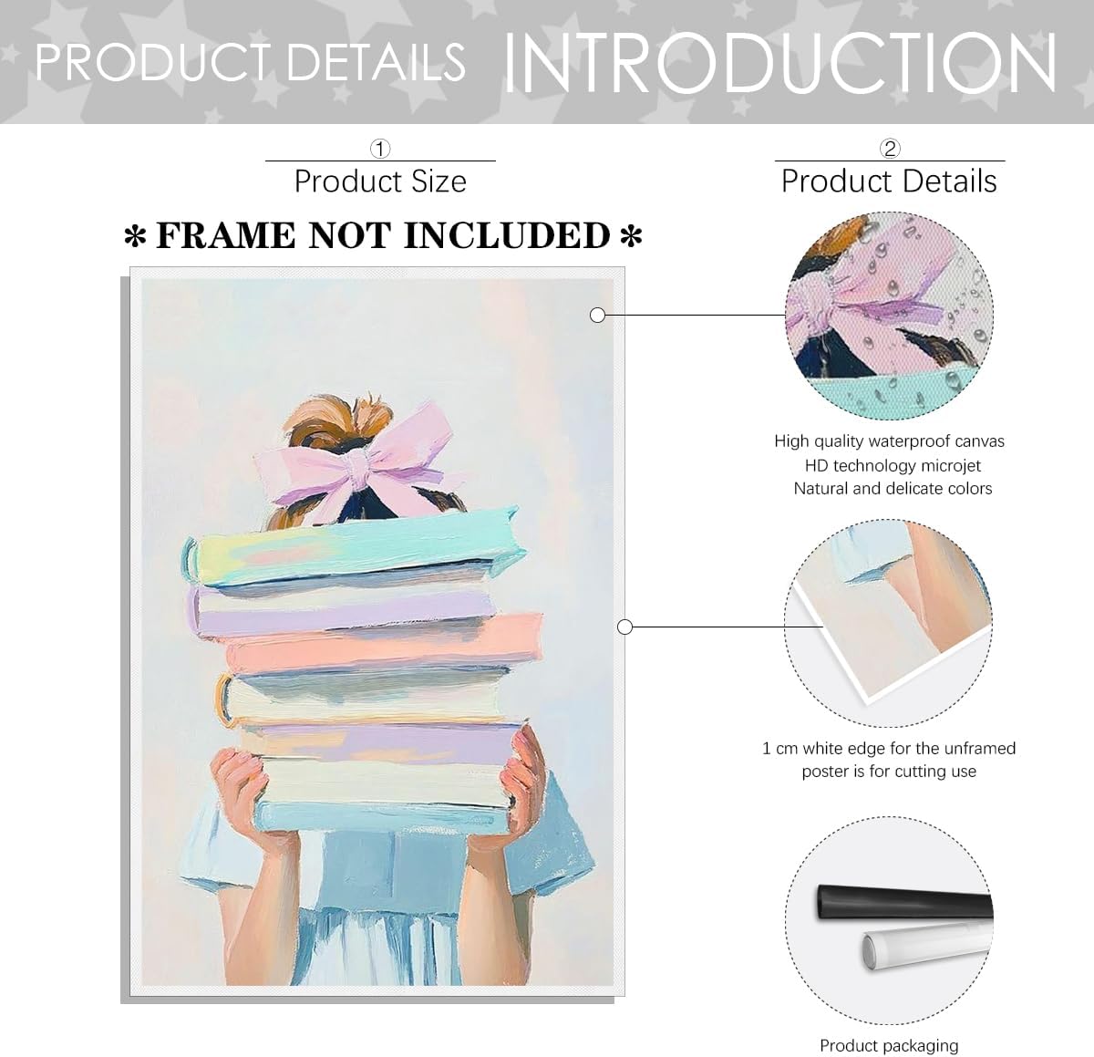 Little Blonde Girl With Stack of Books Canvas Wall Art Poster - Pink Bow Girl Reader Library Wall Decoration Aesthetic Poster for Nursery Girl's Room Decor 12x16in Unframed
