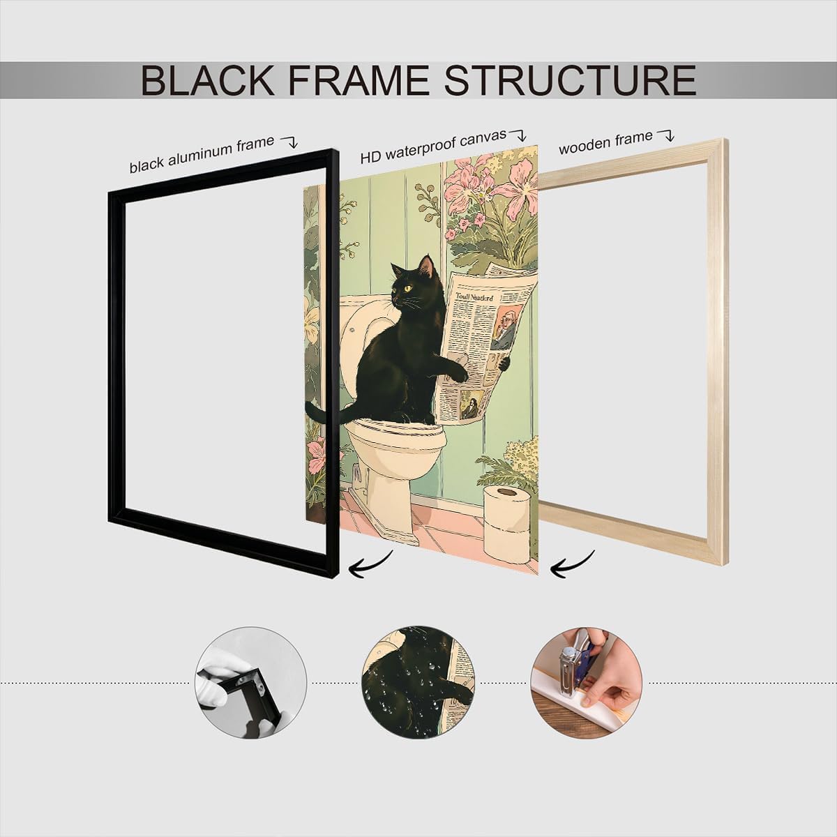 ZHIXQMG Funny Animal Bathroom Canvas Wall Art Japanese Black Cat Reading Newspaper Posters Cute Cats Sitting On The Toilet Picture Pink Flowers Aesthetic Wall Decor For Home Dorm 12x16in Unframed