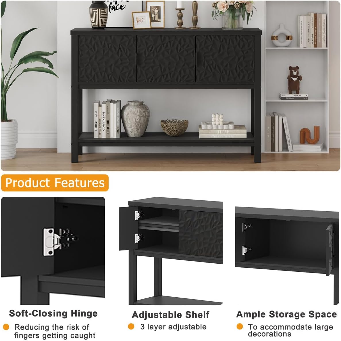 FATORRI Console Sofa Table, Entryway Table with Storage, Modern Foyer Tables with Doors for Hallway Dining Living Room (47.24 Inch Wide, Black)