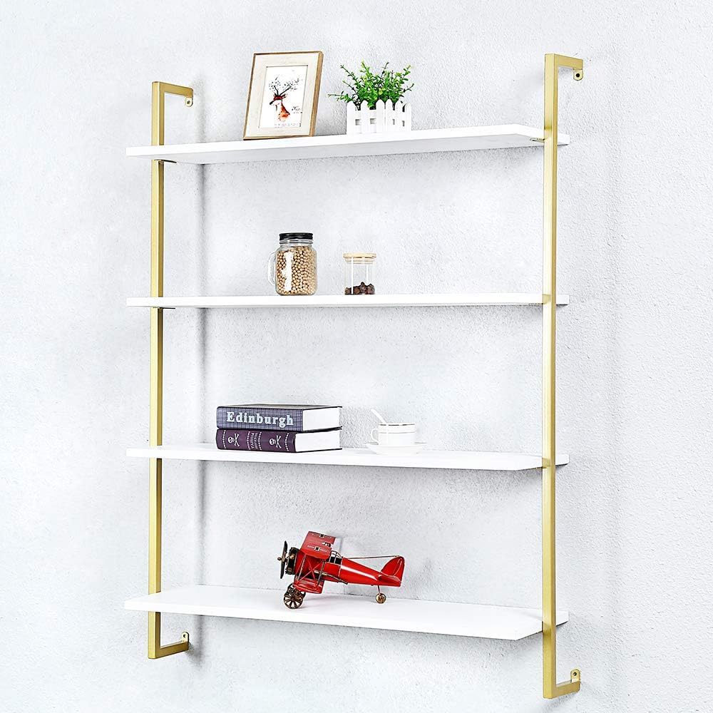 Industrial Metal Wall Shelf,Floating Wood Shelves Wall Mounted,36in Real Wood Book Shelves,4 Tier for Bedrooms Office