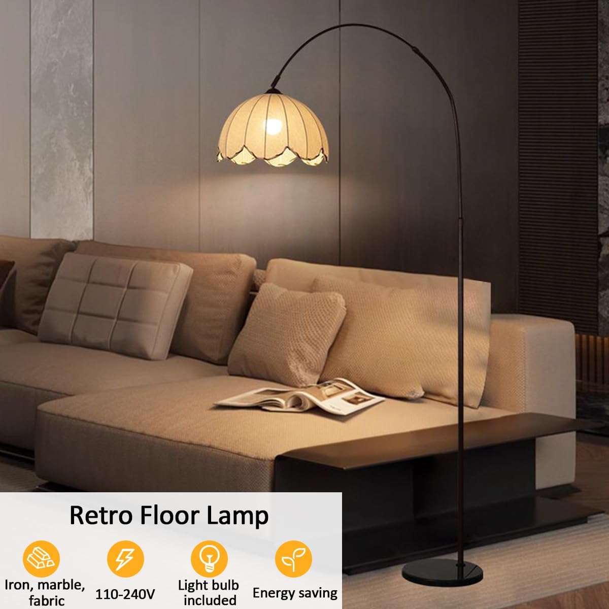 Arc Floor Lamp Black Floor Lamps Adjustable Height Standing Lamp with Marble Base Fabric Shade Tall Lamp with Push Button Switch Arch Sofa Reading Light for Bedroom Office