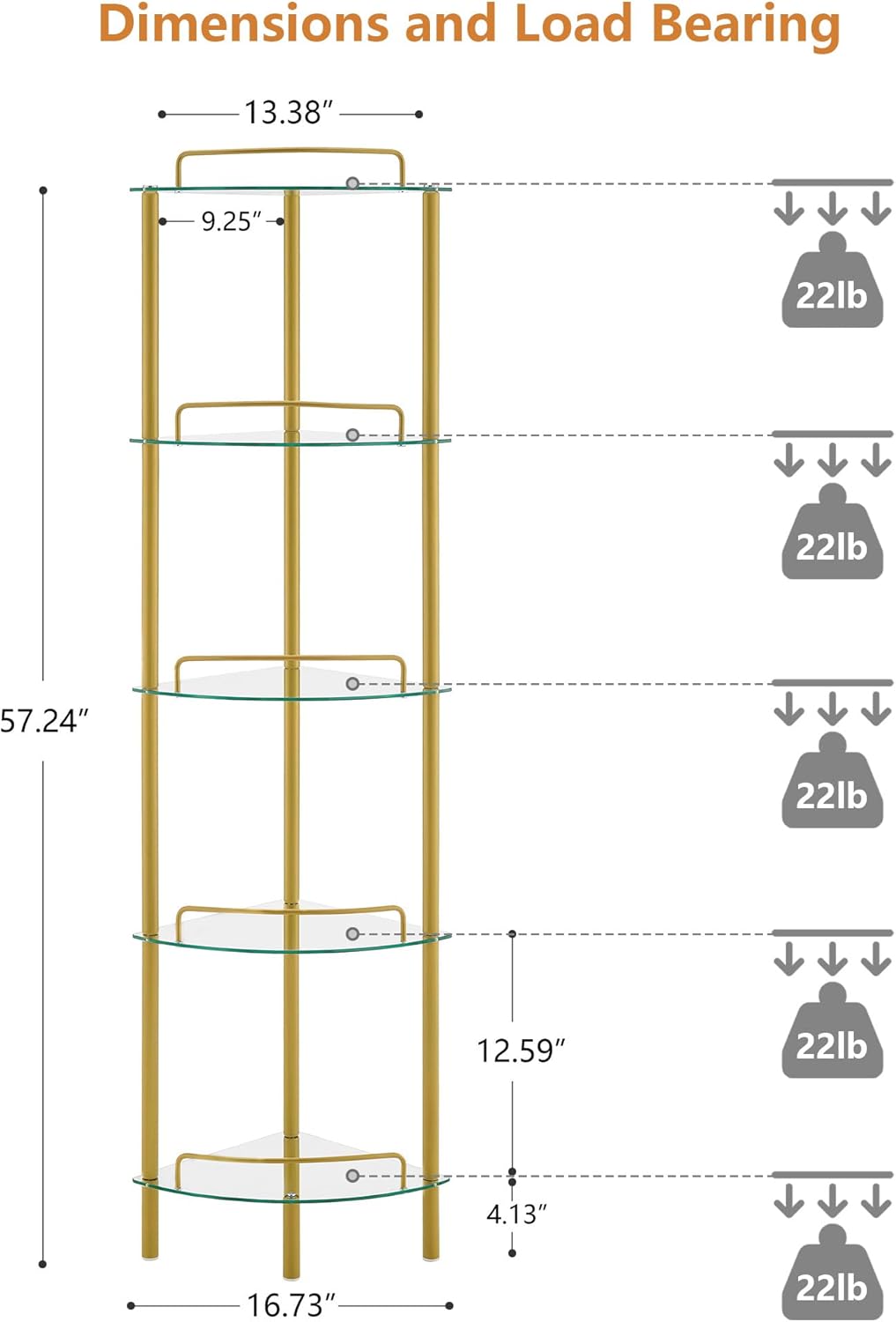 FAVOOSTY 5-Tier Corner Shelf Stand, Gold Corner Bookshelf, Bathroom Organizer, Plant Stand, Tempered Glass Shelves, Modern Style for Living Room, Bedroom, Kitchen, Home Office, Metallic Gold