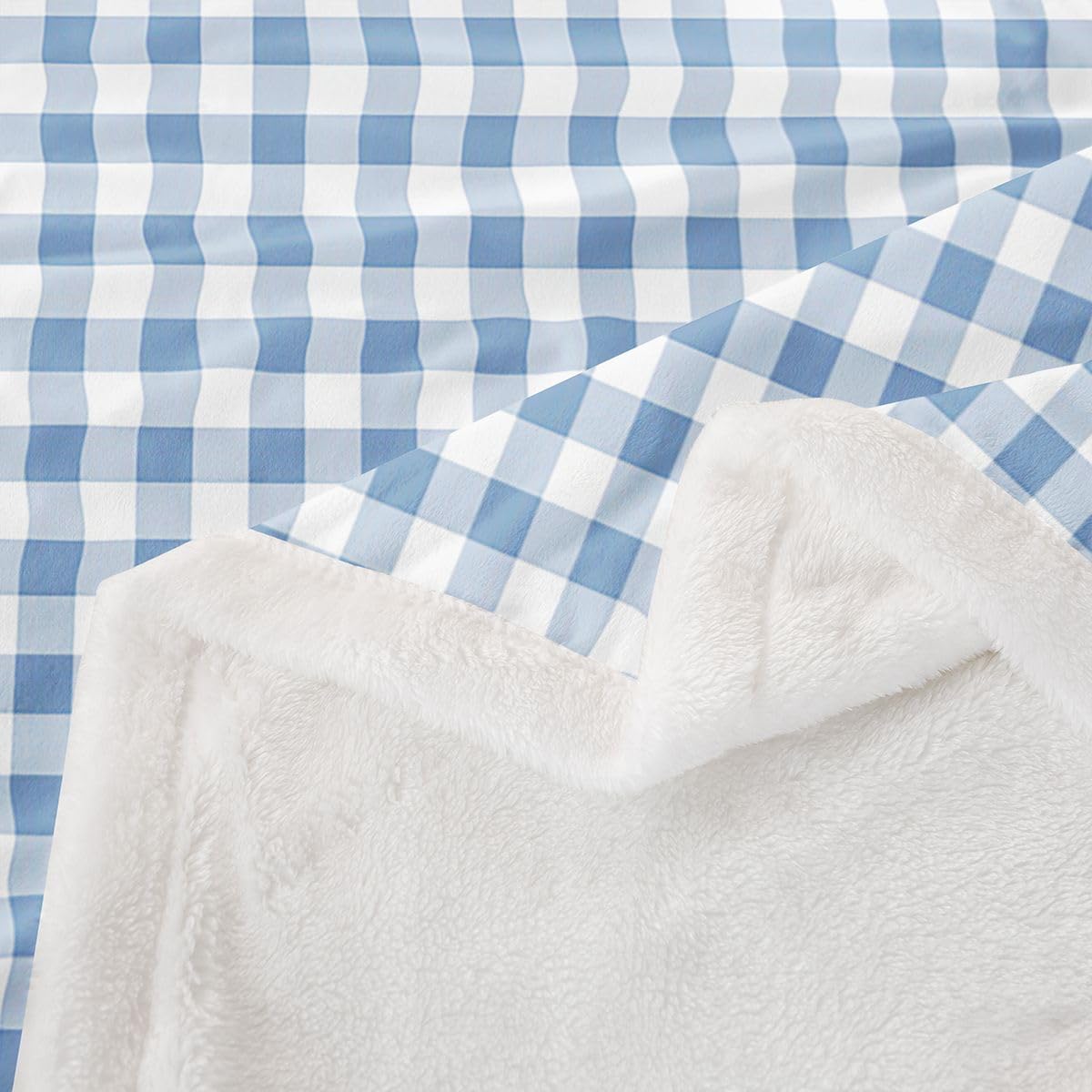 Feelyou White Blue Gingham Sherpa Throw Blanket for Couch Modern Style Plaid Super Soft Cozy Fleece Grid Checkered Blanket for Winter, Plush Throw Throw 50"x60" All Season
