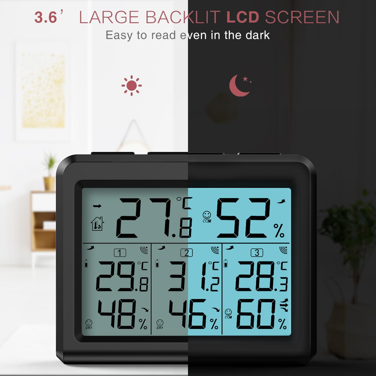 LOFICOPER Digital Thermometer Hygrometer, Indoor Outdoor Temperature Gauge, Digital Temperature Humidity Meter with 3 Sensors, MAX/MIN Data, Comfort/Trend Indicator for Home, Office, Greenhouse