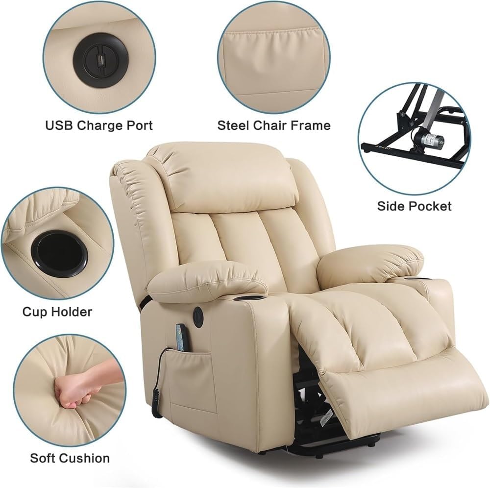 Power Lift Recliner Chair for Elderly, Electric Recliner with Massage and Heat, Infinite Position Adjustable Lift Chair, USB Charging Port, Side Pocket, Living Room Recliner Sofa