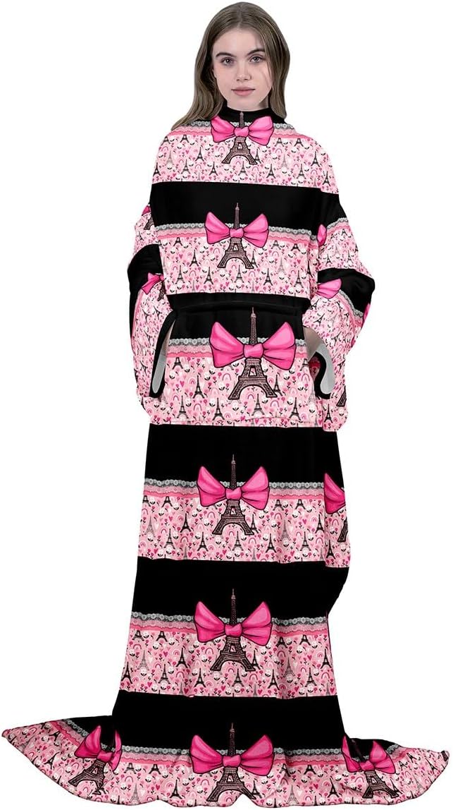 Feelyou Eiffel Tower Fleece Blanket with Sleeves 50"x70" Romantic Paris Bowknot Super Soft Sleeved Throw with Arm Black Pink Wearable Blanket Warm Cozy Modern French Fuzzy Plush Blanket