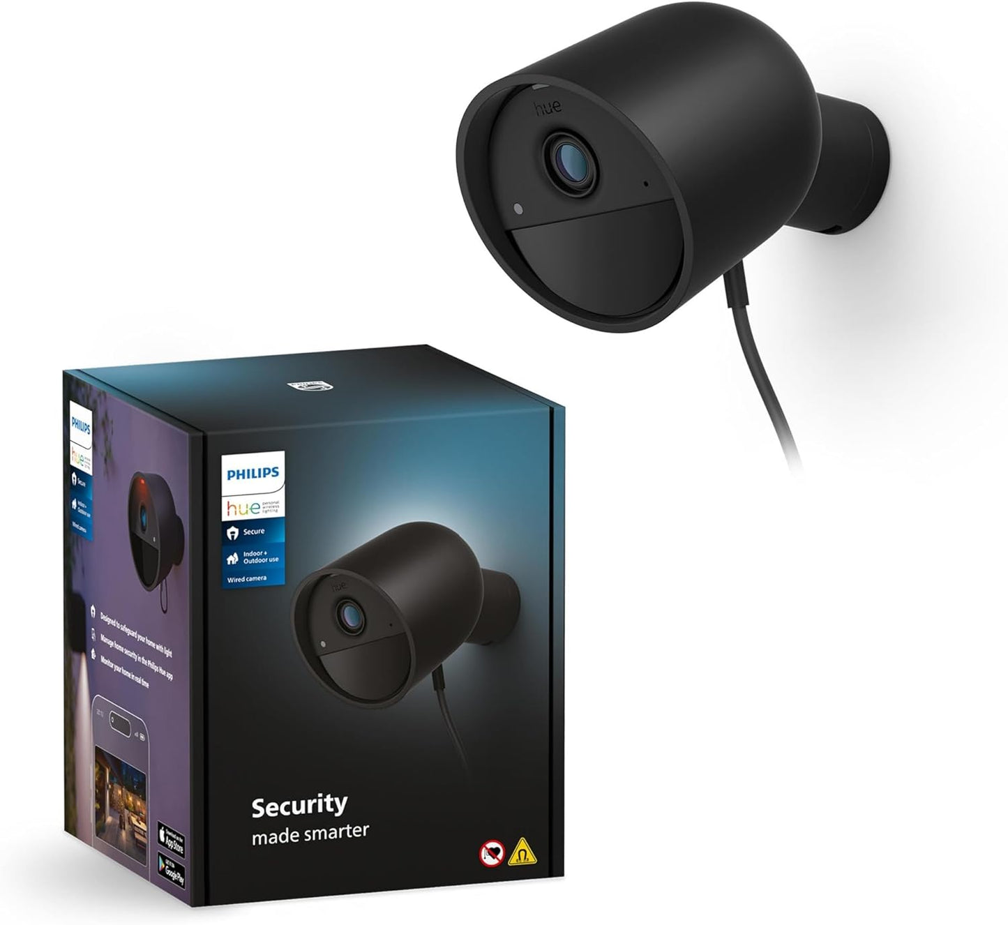 PHILIPS Hue Secure Wired Smart Home Security Camera, Black, 1 Pack, 1080P HD, Night Vision Camera, Motion Detection Home Security System, Two-Way Talk, Indoor/Outdoor, Weatherproof, Works with Hue App