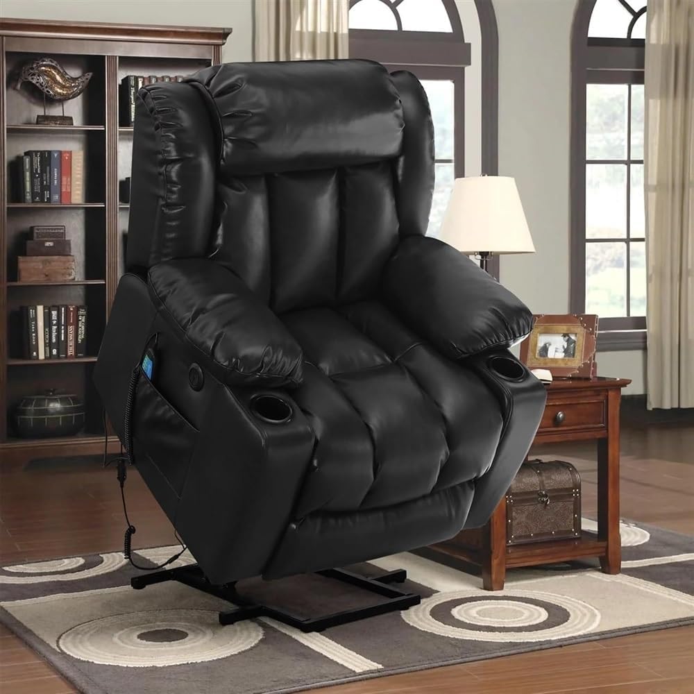 Electric Power Lift Recliner Chair for Seniors with Heat & Massage, Leather Upholstery, Breathable Big Reclining Lift Chair with 2 Cup Holders, USB Ports, Side Pockets