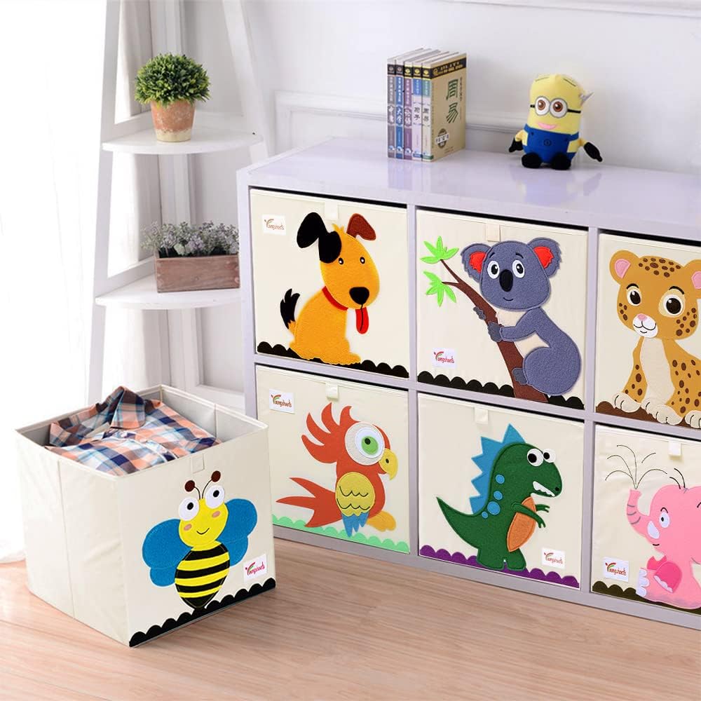2 Pcs Foldable Animal Toy Storage Box/Bin/Cube, Collapsible Storage Organizer Chest Basket Container for Kids, Toddlers, Boys and Girls(13 x 13 x 13 Inch, Lion & Bee)