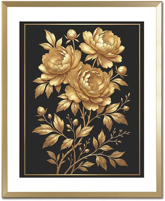 heshengzaixian Vintage Gold Line Art Peony Prints, Luxury Black and Gold Floral Wall Art Poster,Elegant Flower Botanical Decor Picture for Living Room Office Bedroom, Set of 1 8x10In Unframed