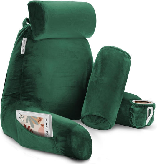 Clara Clark Reading Pillow with Shredded Memory Foam Includes 2 Neck and Lumber Support Pillows, Designed for Sitting Up in Bed and Couch Back and Arms Adjustable Support for Adults & Teens Dark Green
