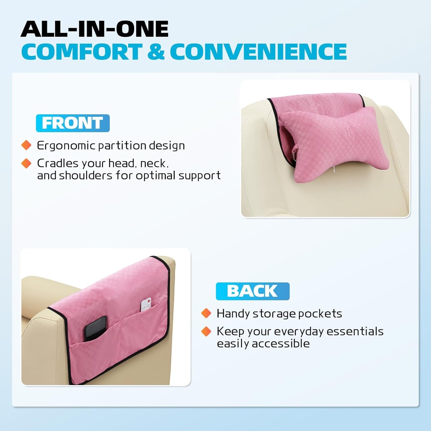 Recliner Head and Neck Support Pillow, Sofa Chair Headrest Cushion, Anti-Slip Design for Neck Pain Relief on Sofa, Car Seat, Travel (Pink-Checker)