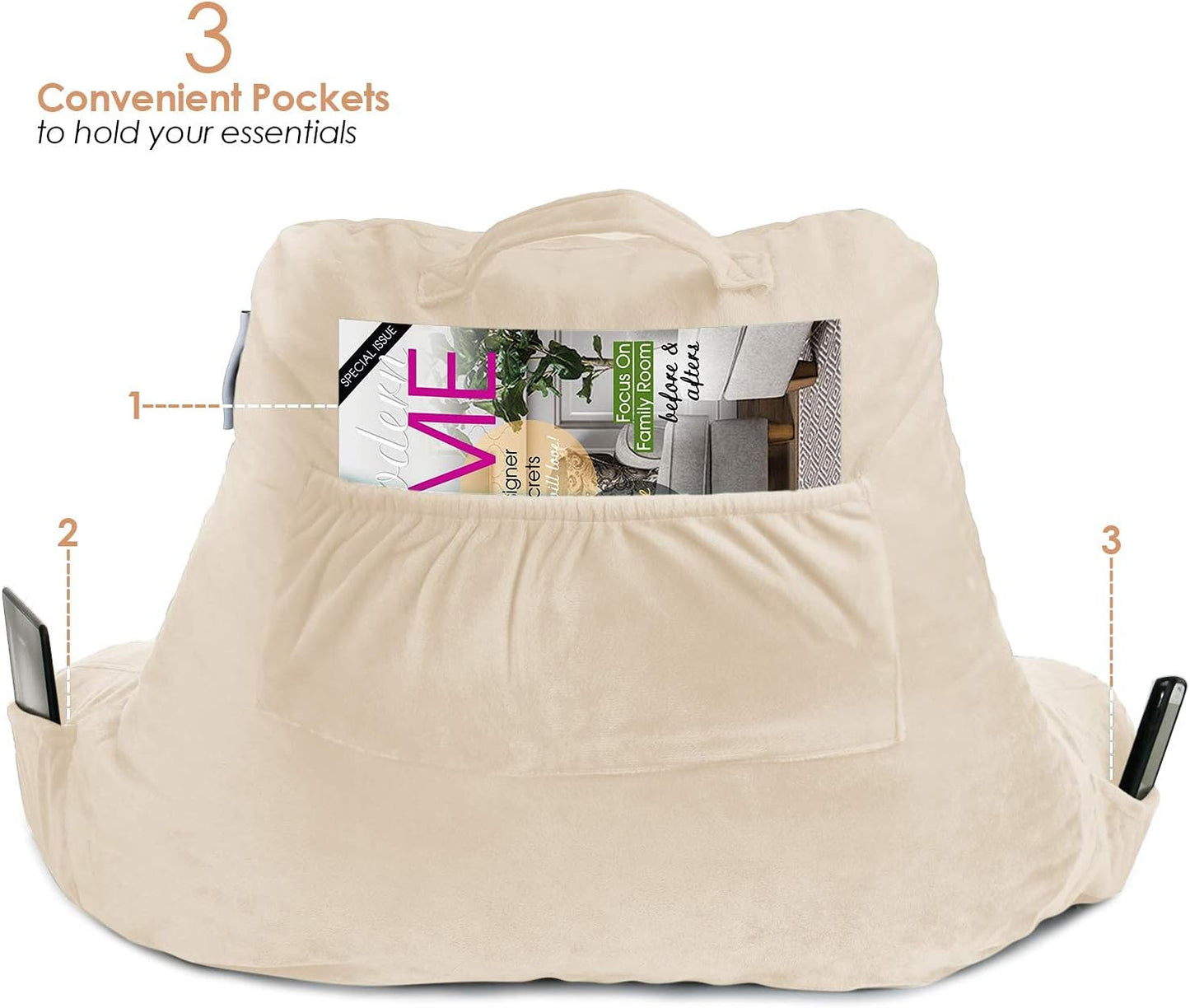 Nestl Reading Pillow with Portable Laptop Lap Desk, Velvet Feel Back Pillow for Sitting in Bed, Shredded Memory Foam Back Support Pillow for Bed, Bed Rest Pillow with Arms, Small - Cream
