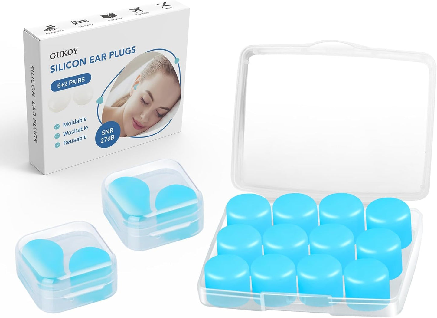 Reusable Silicone Ear Plugs, Waterproof Noise Cancelling EarPlugs for Sleeping, Mowing, Swimming, Airplanes, Concerts, 22dB Highest NRR (Blue)