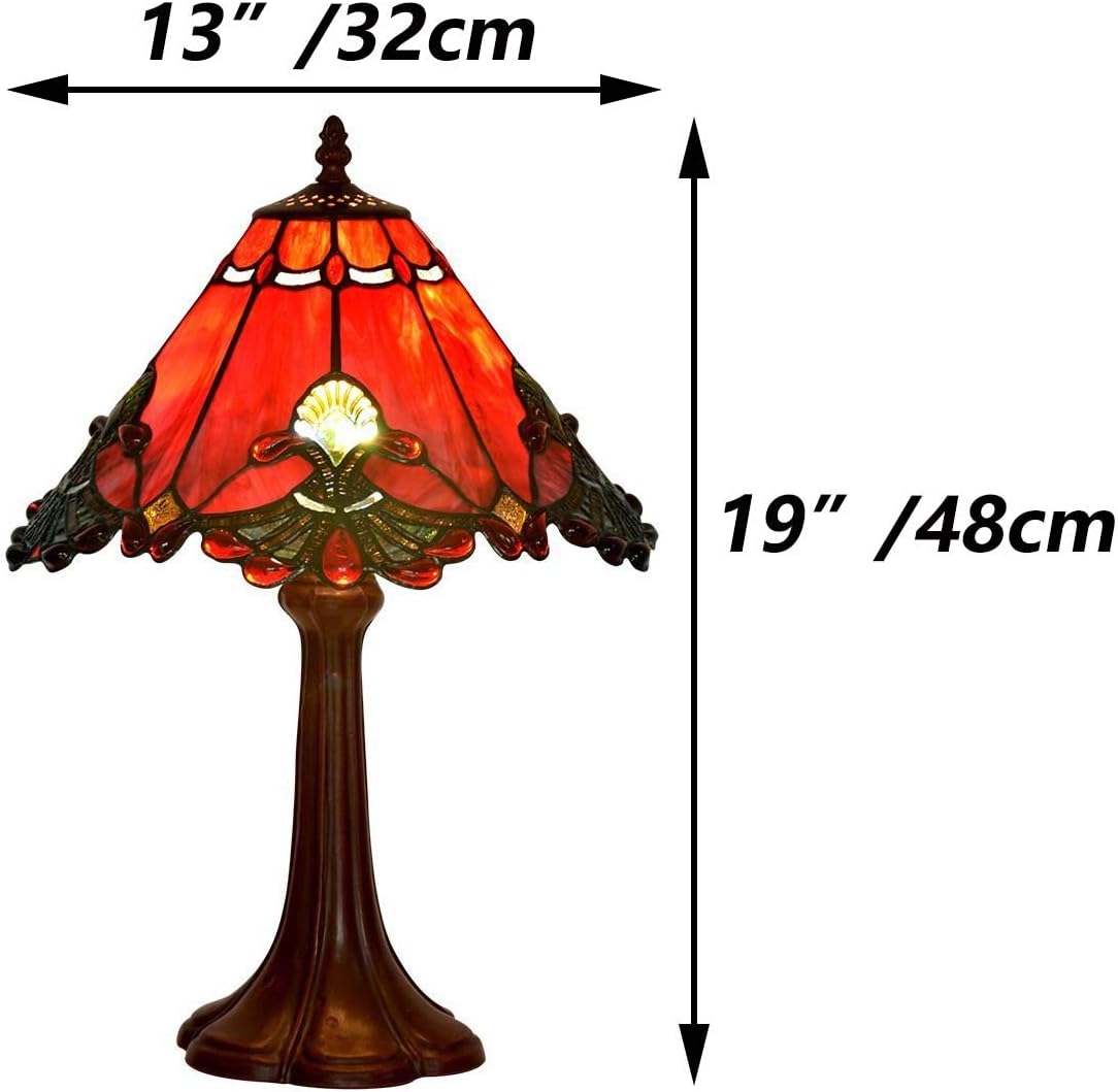 Bieye L10021 Baroque Tiffany Style Stained Glass Table Lamp Night Light with 13 Inches Wide Handmade Lampshade Metal Base for Bedside Bedroom Living Room Decoration, 13" W x 19" H, Red