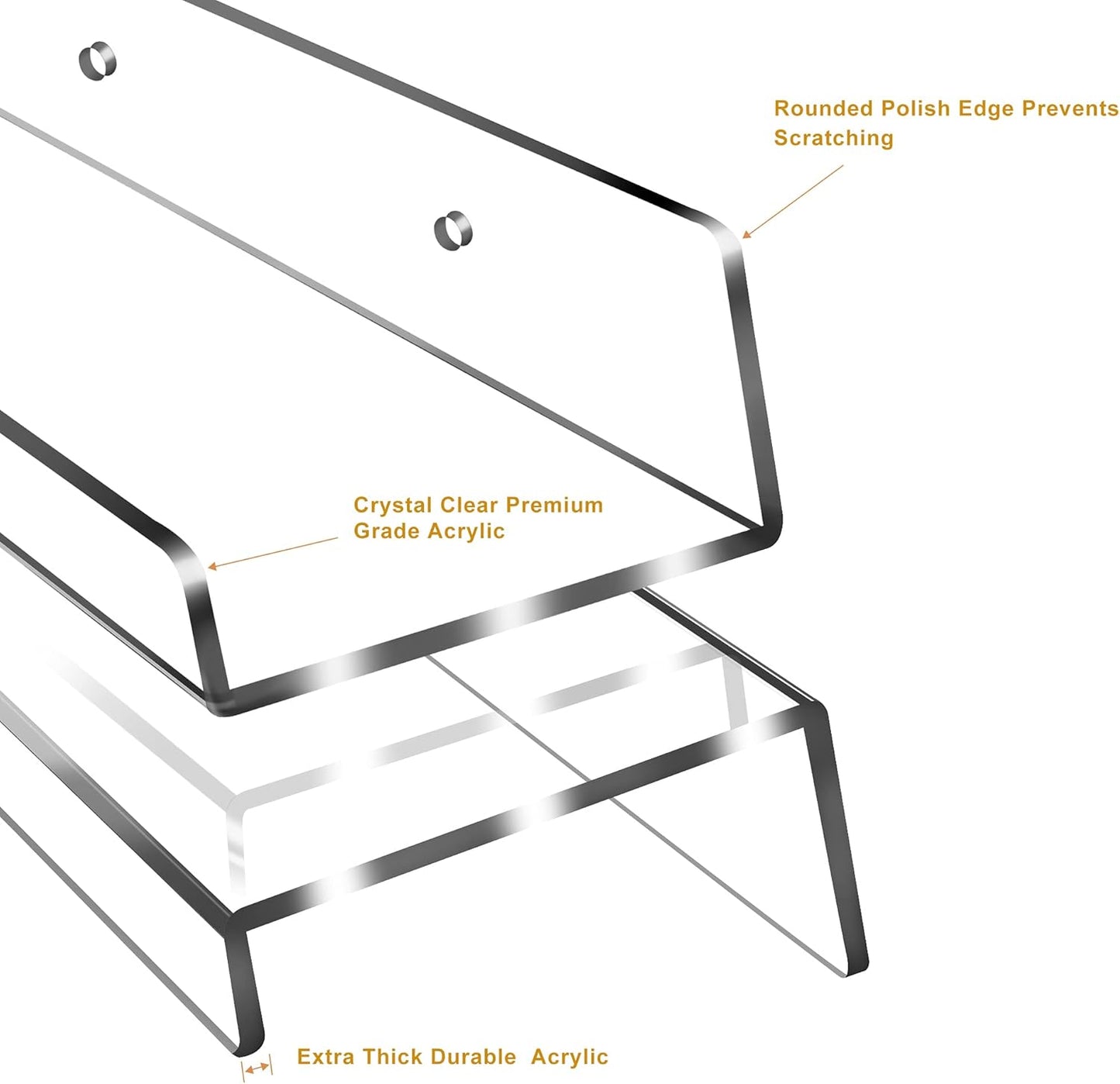 Floating Shelves 24 inch Acrylic Wall Ledge Shelves Clear 2 Pack Invisible Display Bookshelf, 5MM Thick Premium Wall Mounted Shelf Bathroom Display Organizer