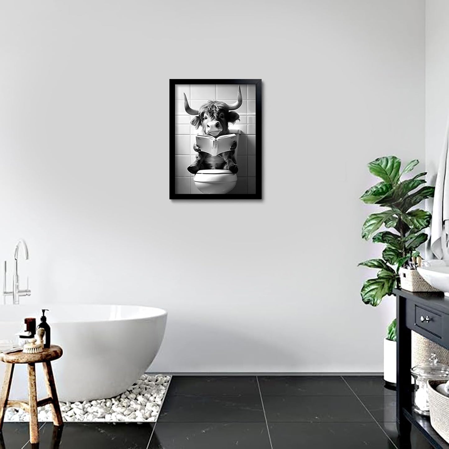 OIQArtOIQ Funny Bathroom Framed Wall Art Black and White Animal Canvas Wall Art Prints Highland Cow Reading Pictures Wall Decor Modern Minimalist Humorous Artwork For Restroom