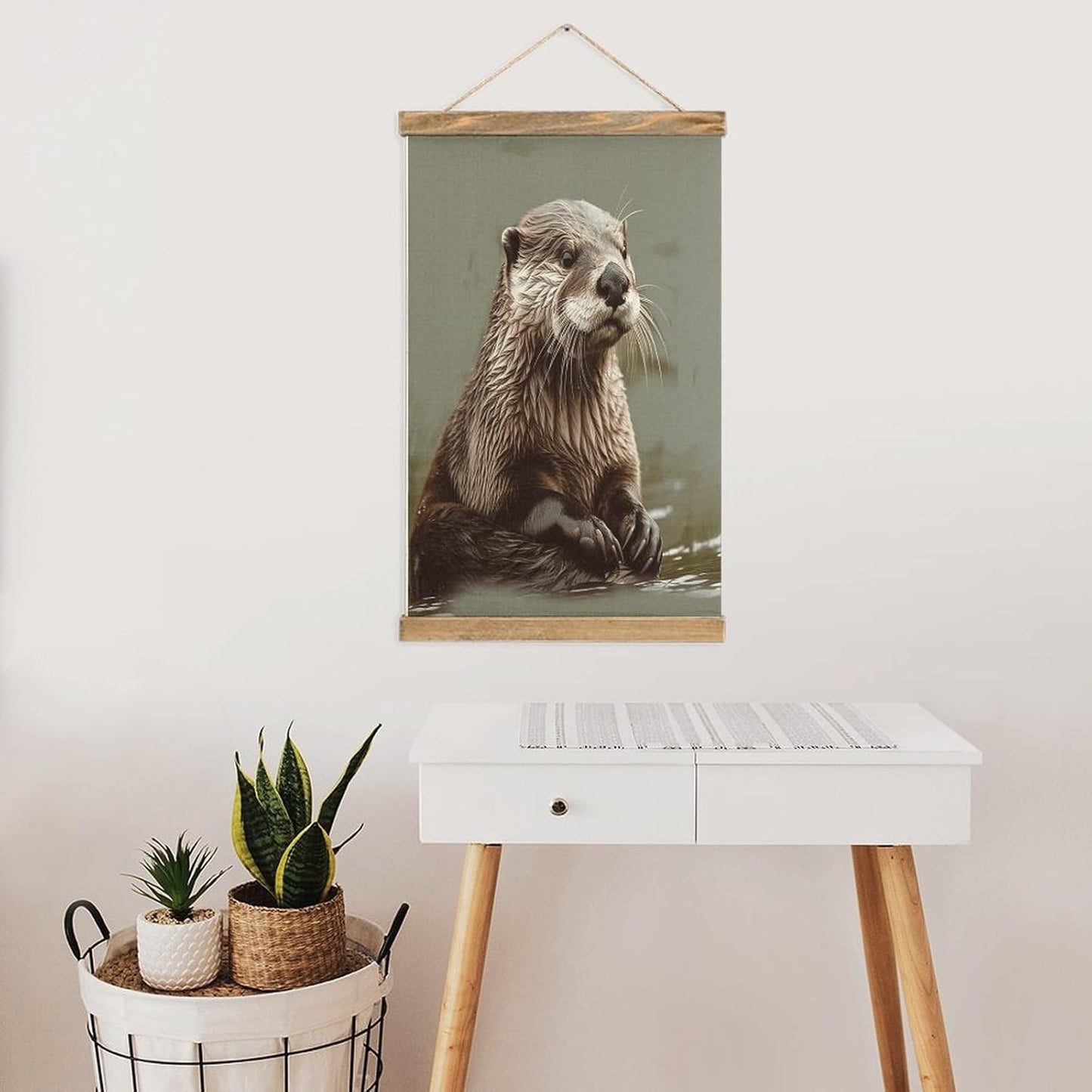 Vintage Otter Animal Poster with Wooden Frame Personalized Linen Hanging Scroll Painting Rustic Wall Hanging Illustrative Modern Artwork Decor for Home Living Room Bedroom Office