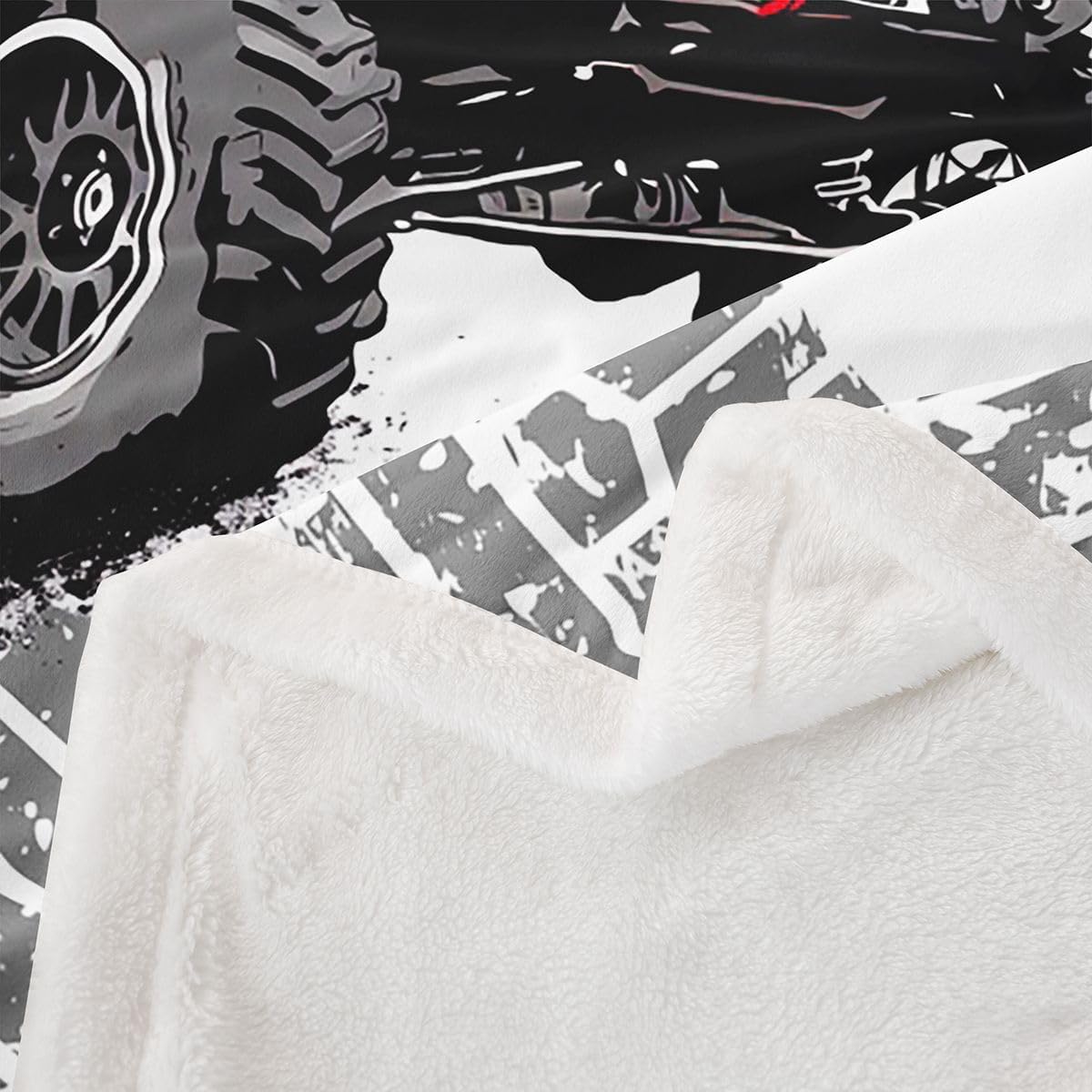 Feelyou Car Fleece Throw Blanket Throw 50"x60" Kids Offroad Vehicle Wheel Print Plush Sherpa Blanket Fuzzy for Boys Girls Teens Truck Print for Bed Couch Chair Racing Car Red Black