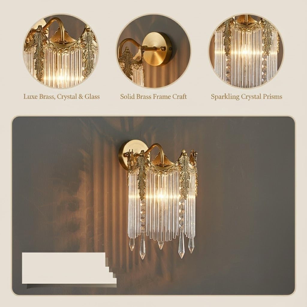 Bedside Wall Lamp, Crystal Wall Sconce, Gold Brass Wall Light with Cascading Crystals for Bedroom, Living Room, Hallway, Entryway, Hotel, Villa, European Style, Guest Suite Surface