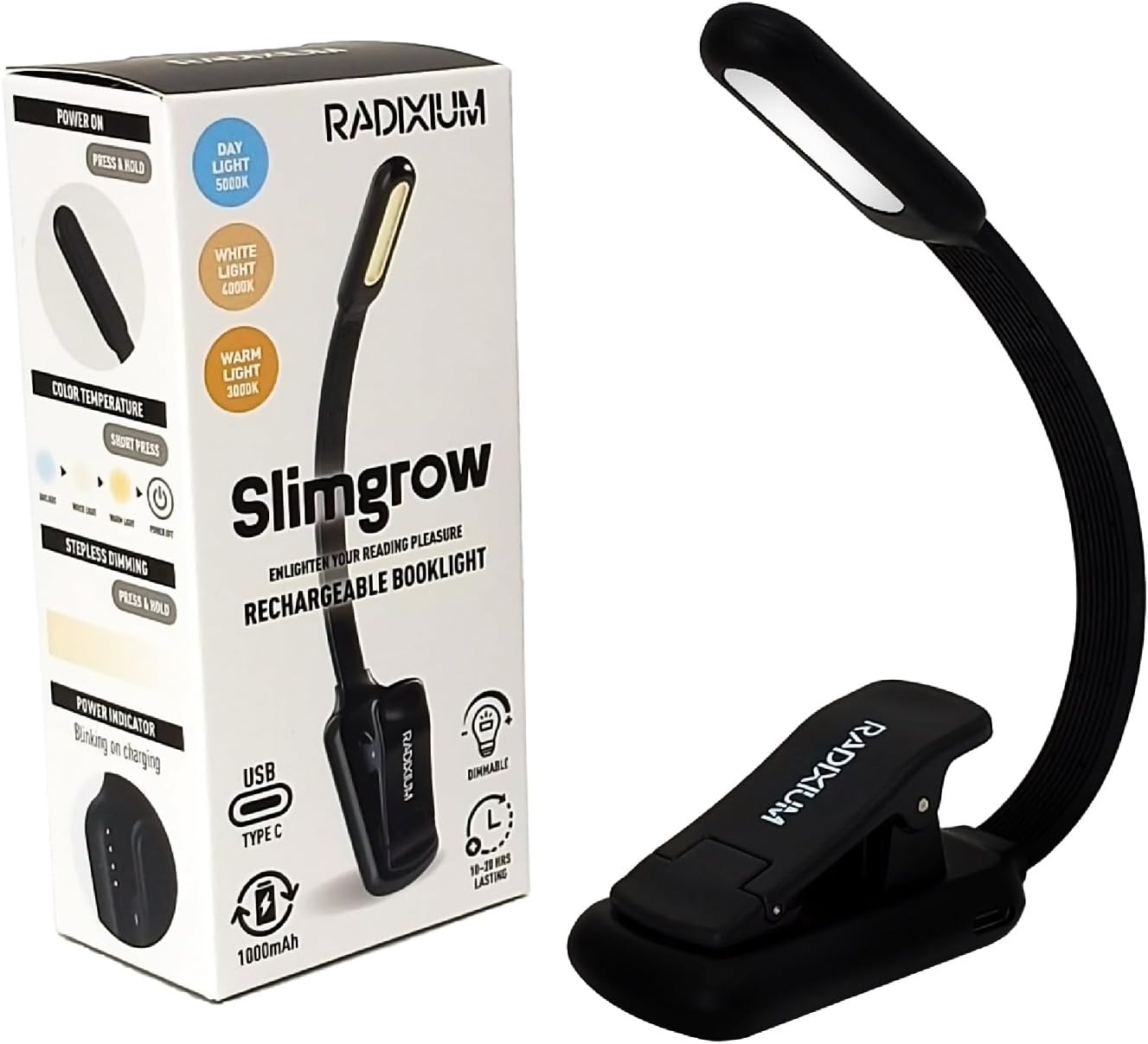Rechargeable Book Light for Reading - 9LED Eye-Caring Clip Light w/ 9 Color Temp, Stepless Dimming, 50H Battery, USB-C, Ultra Slim - Gift for Book Lovers (Black)