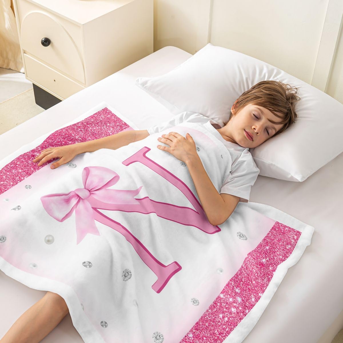 Feelyou Glitter Bow Sherpa Throw Blanket for Couch Letter 'N' Print Super Soft Cozy Fleece Pastel Blanket for Winter, Plush Throw Bow Knot Print Baby 30"x40" Colorful All Season