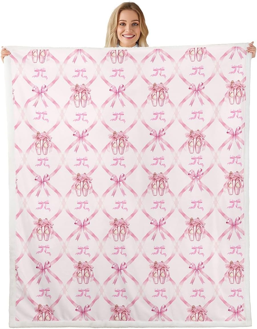 Feelyou Cute Pink Ballet Bow Throw Blanket Princess Bowknot Soft Fleece Sherpa Cozy Fuzzy Plush Warm Ribbon Bow Knot Fuzzy Plush Throw Baby 30"x40" for Bed Couch Living Room