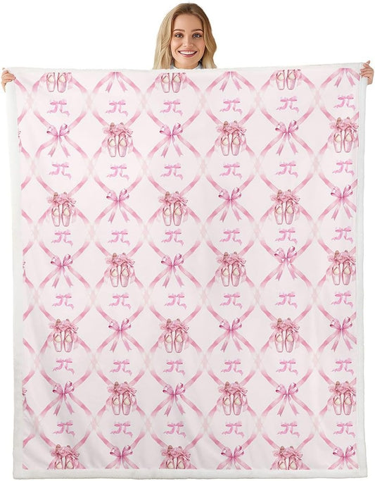 Feelyou Cute Pink Ballet Bow Throw Blanket Princess Bowknot Soft Fleece Sherpa Cozy Fuzzy Plush Warm Ribbon Bow Knot Fuzzy Plush Throw Baby 30"x40" for Bed Couch Living Room
