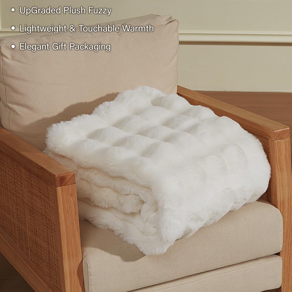 Soft Faux Rabbit Fur Throw Blanket Luxury Super Comfy Double Sided Ultra Cozy Thick Warm Fluffy Blanket for Couch Chair Sofa Bed Living Room Camping, Plush Fuzzy Bubble Blanket, 970 GSM, 50''x60''
