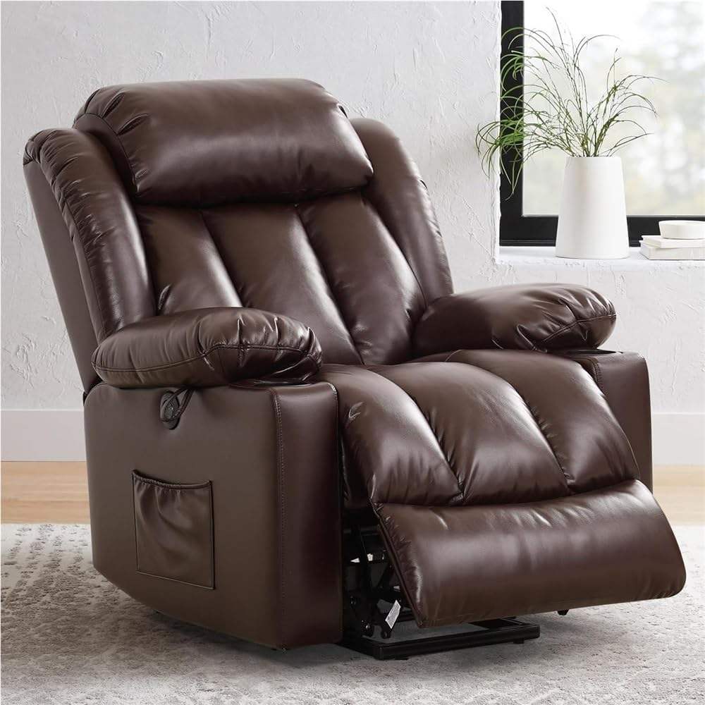 Brown Leather Power Recliner Chair for Adults, Electric Single Sofa with USB Charging Port & Padded Headrest, Modern Home Theater Seating for Living Room
