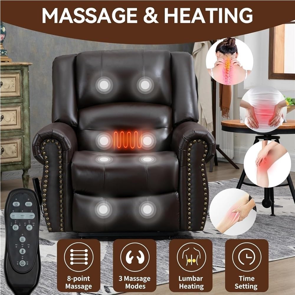 Dual Motor Power Lift Recliner with Heat Massage Lay Flat Electric Chair USB Ports Infinite Position Standing Assistance Leather Adjustable Brown Furniture for Elderly