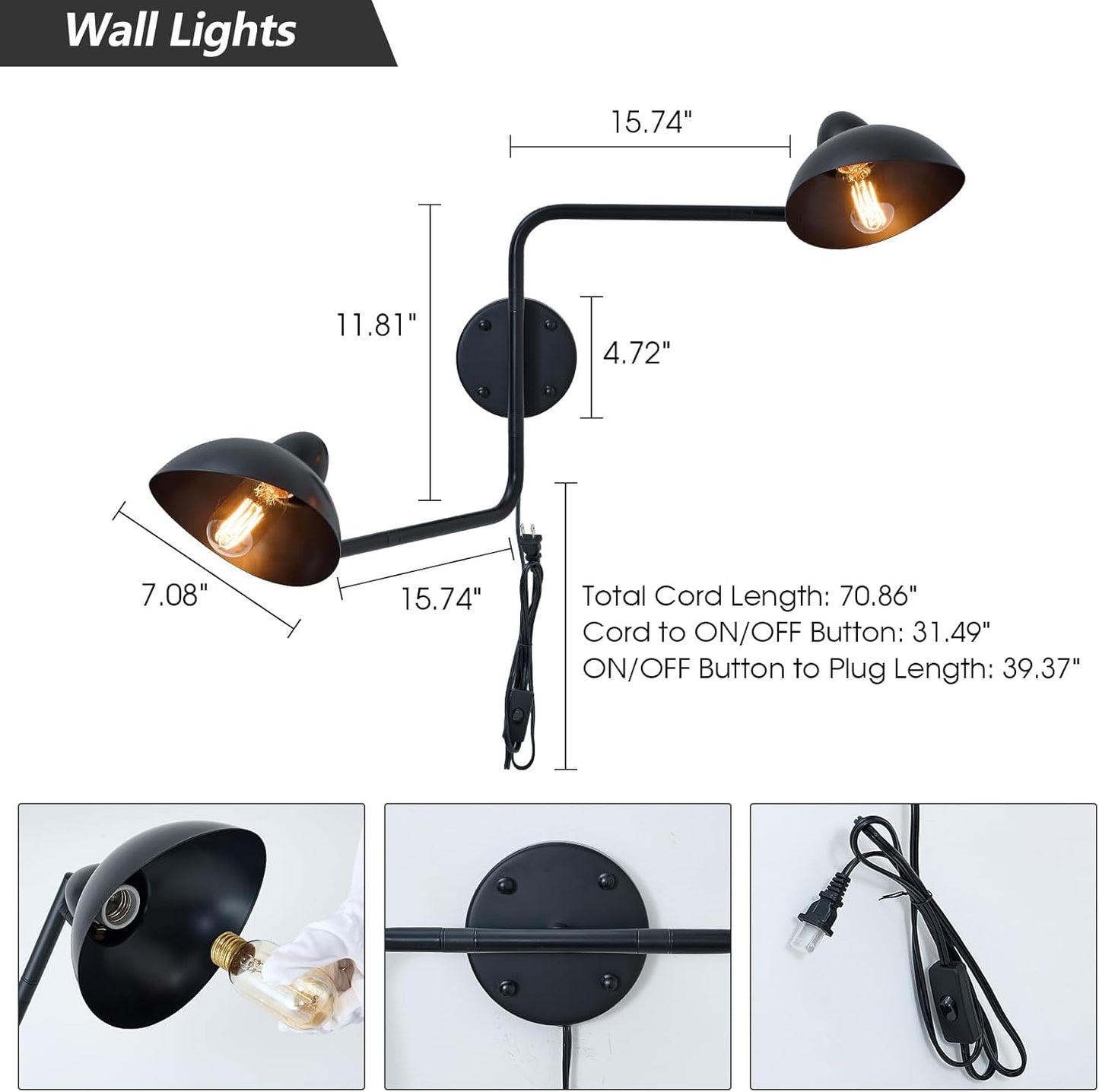 Adjustable Black Swing Arm Wall Sconce, 2-Light Plug in Wall Lamps with ON/Off, Rotatable Metal Dome Shades Wall Mount Lighting Fixture for Living Room Bedroom Study