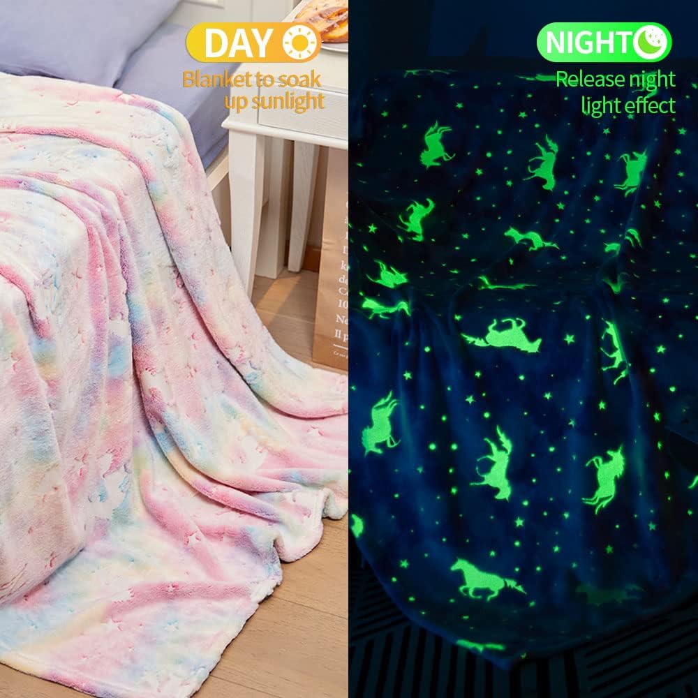 Glow in The Dark Throw Blankets Color Unicorn Stars Fairy Blanket Luminous Soft Plush Light Grey Fleece Blanket for Girls Boys Kids Birthday Christmas Adult Gifts Large 50" X 60" (Color Unicorn)