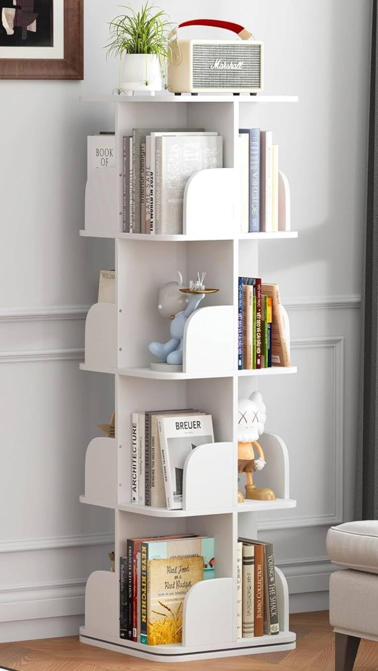 Rotating Bookshelf Tower, 4 Tier Spinning Square Bookshelf for Small Spaces, 360 Display Kids Bookshelves, Revolving Bookcase Floor Standing Storage Rack, White