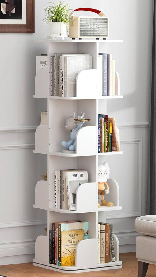 Rotating Bookshelf Tower, 4 Tier Spinning Square Bookshelf for Small Spaces, 360 Display Kids Bookshelves, Revolving Bookcase Floor Standing Storage Rack, White