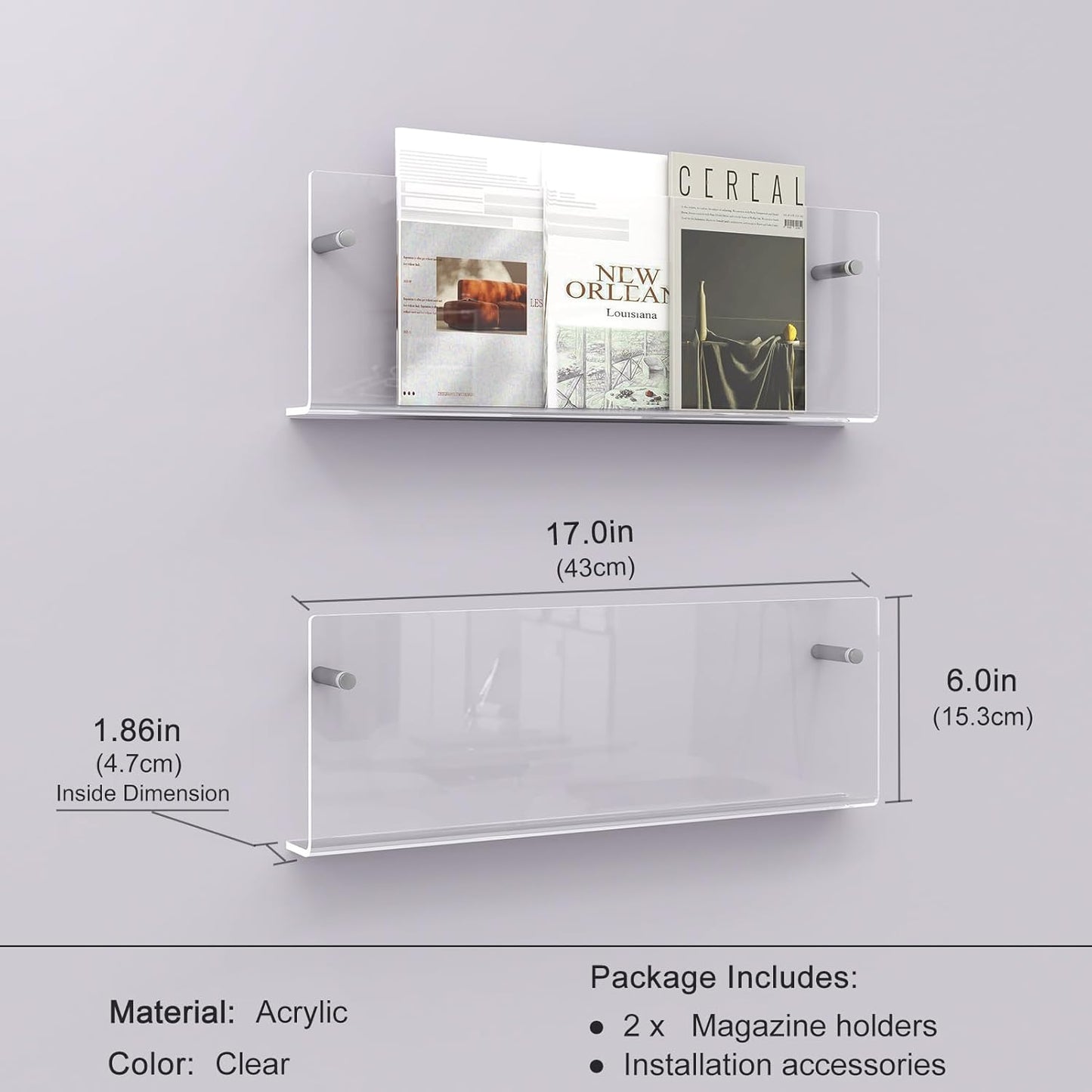 Acrylic Magazine Holder, 2 Pack Hanging Bookshelf Magazine Rack, Wall Mounted Floating Brochure Display for Waiting Room, Office, Home (Clear, 17 Inch)