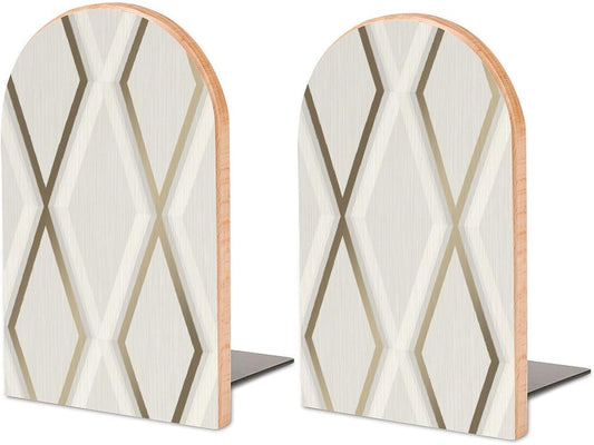 Profile Geometric Ivory Gold Wooden Bookend Non-Slip Book Ends Heavy Duty Book Stopper with Metal Base Books Holderd Decorative Bookends Stands Firmly for Office Supplies