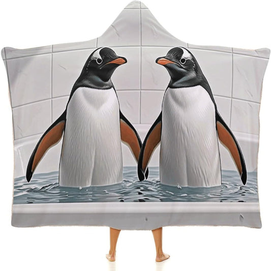 Penguin in Bathtub Wearable Hoodie Blanket for Women Men Fleece Blanket with Hood Oversized Warm Cozy Gifts