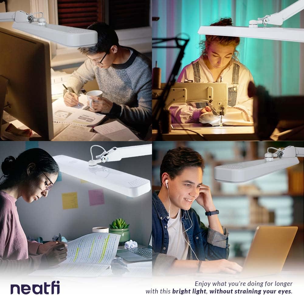 Neatfi XL 2,500 Lumens 30W LED Task Lamp – 22” Wide Shade | 324 SMD LEDs | 5 Light Modes | 3000K–6000K | Dimmable | Eye-Caring Desk Light for Home, Office (CCT with Base, White)