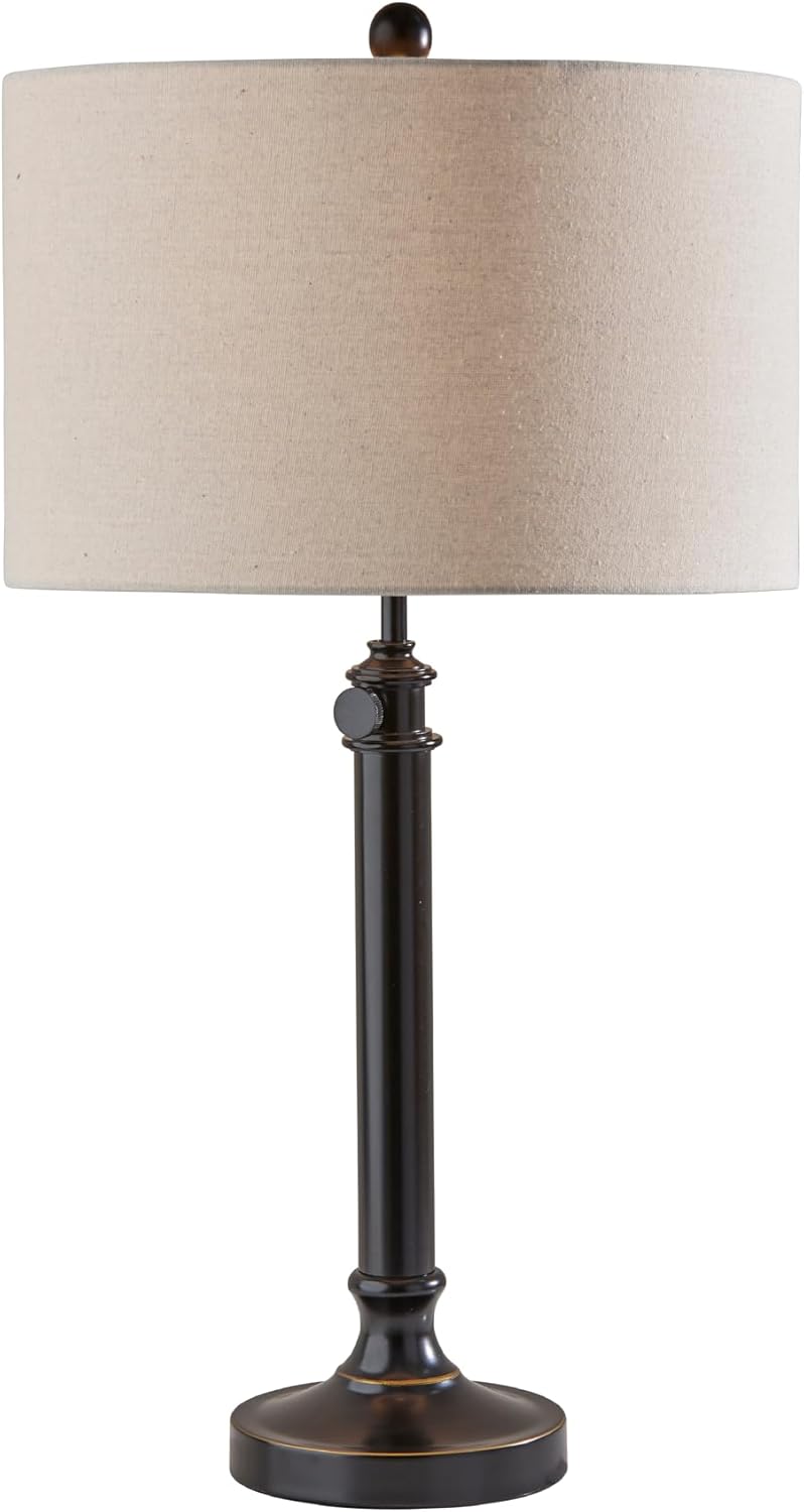 Adesso Antique Bronze Table Lamp with Oatmeal Linen Shade – Adjustable Height Accent Light for Bedroom, Living Room, or Home Office, up to 34” Tall